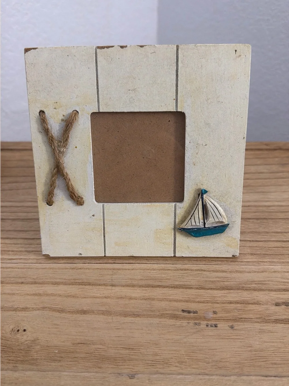 Beach-Themed Square Photo Frame with Rope & Sailboat - Cream